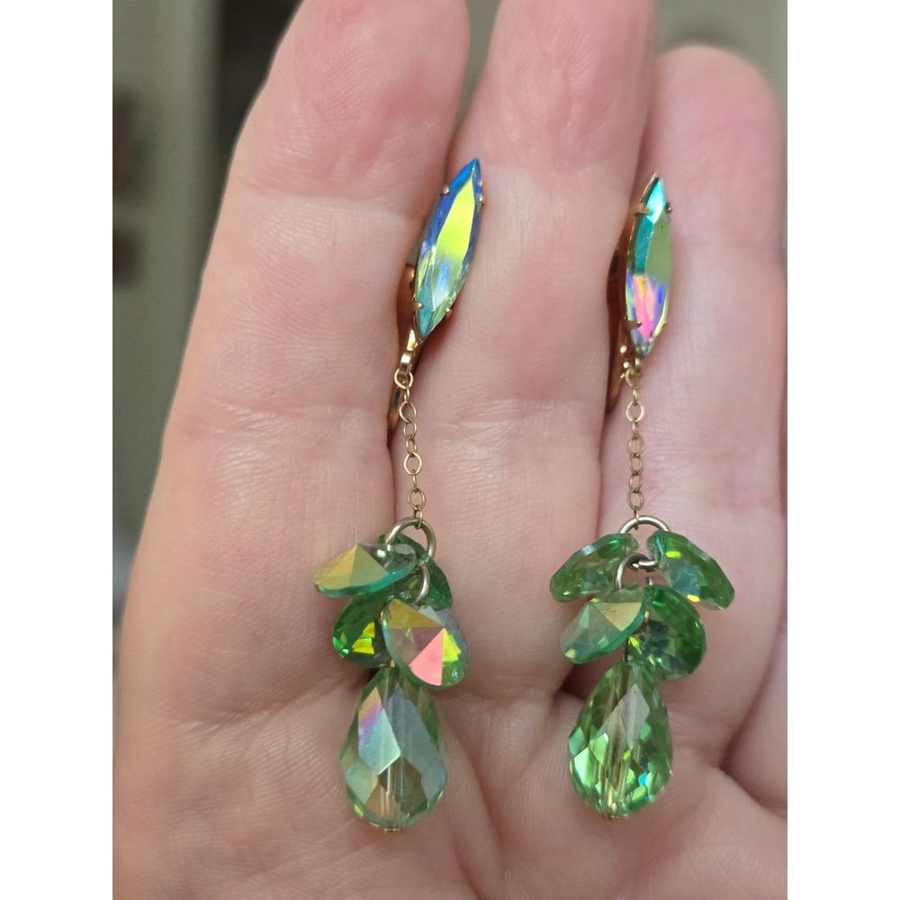 Marquis Green Peridot Color Rhinestone AB Earrings Aurora Borealis Dangle